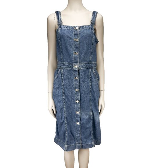 LEVI'S Denim Thick VTG Sheath Buttoned Pockets Midi Square Neck Blue Dress M - Picture 1 of 10